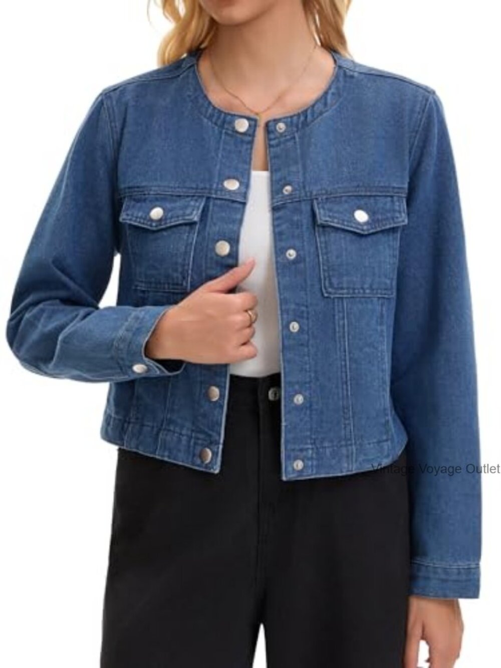 Collarless Denim Jacket Long Sleeve Button Down Crop Jean Jacket Spring Outfit